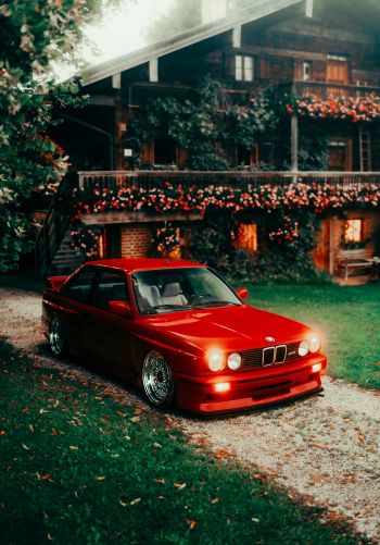 red BMW E30, classic car Wallpaper 1668x2388