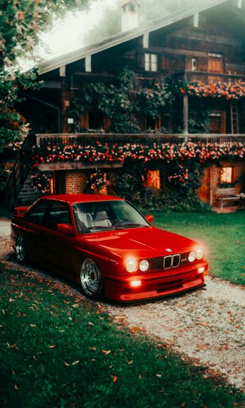 red BMW E30, classic car Wallpaper 1200x2000