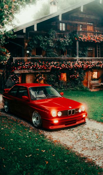 red BMW E30, classic car Wallpaper 600x1024