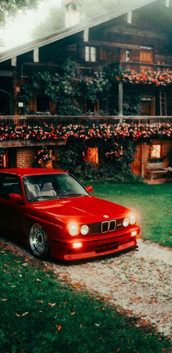 red BMW E30, classic car Wallpaper 1080x2220