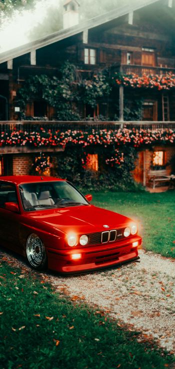 red BMW E30, classic car Wallpaper 1080x2280