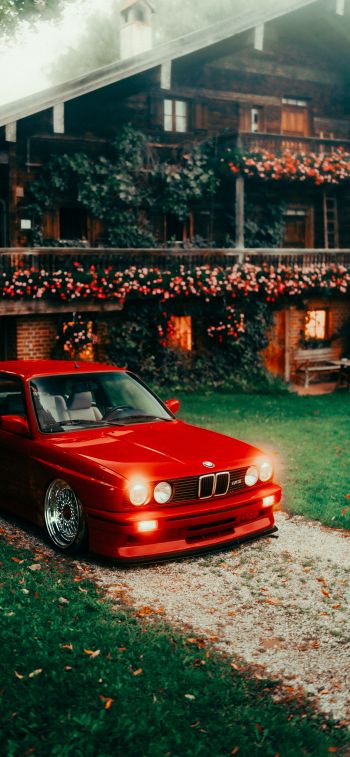 red BMW E30, classic car Wallpaper 1242x2688