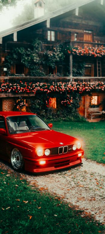 Обои 1080x2400 красный BMW E30, классический автомобиль