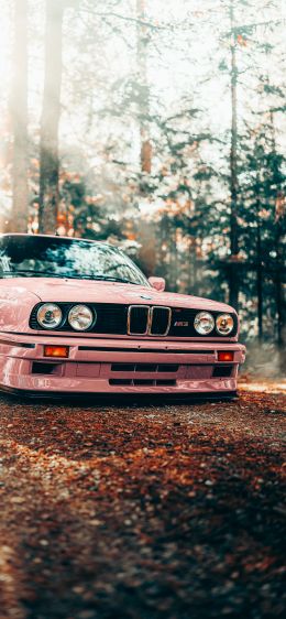 pink BMW E30, classic car Wallpaper 1242x2688