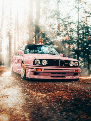 pink BMW E30, classic car Wallpaper 1620x2160