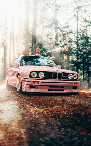 pink BMW E30, classic car Wallpaper 1752x2800