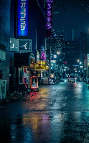 Обои 1600x2560 ночной город, переулок, Япония