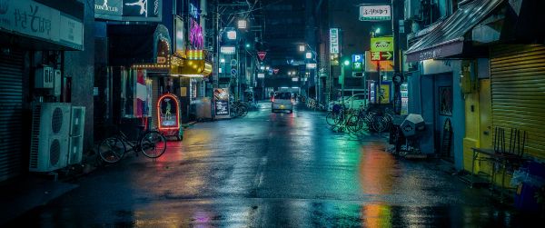 Обои 3440x1440 ночной город, переулок, Япония