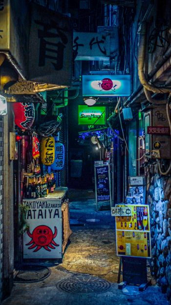 Обои 640x1136 ночной город, переулок, Япония