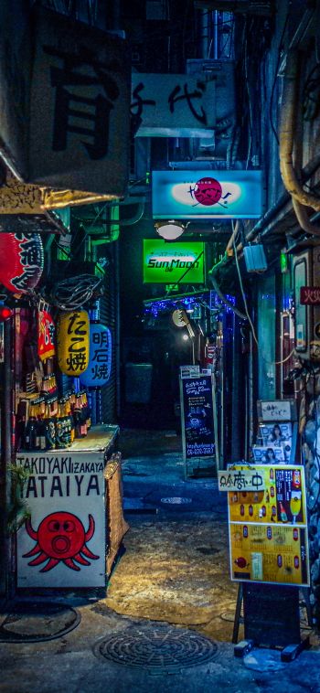 Обои 1080x2340 ночной город, переулок, Япония