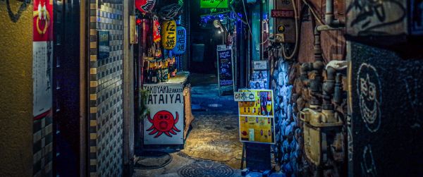 night city, lane, Japan Wallpaper 3440x1440