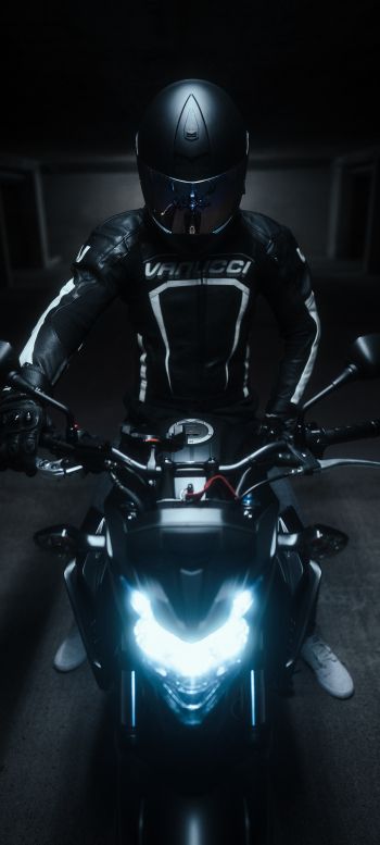 motorcyclist, black Wallpaper 1440x3200