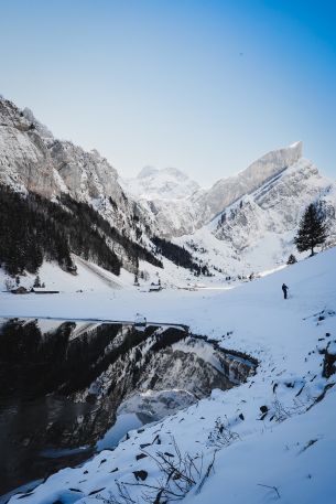 Seealpsee, Schwende, Switzerland, mountains, skis Wallpaper 4000x6000