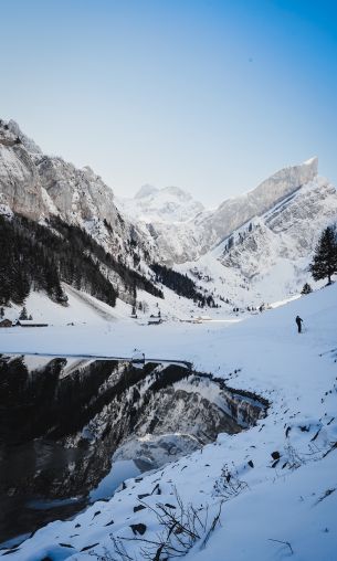 Seealpsee, Schwende, Switzerland, mountains, skis Wallpaper 1200x2000