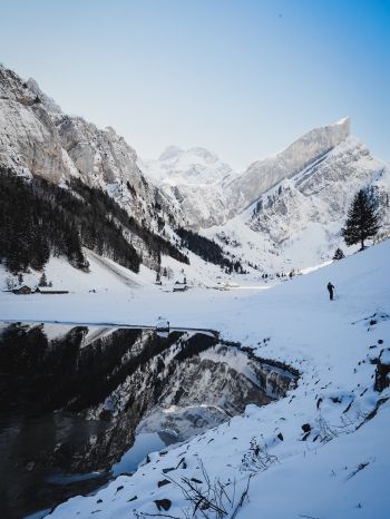 Seealpsee, Schwende, Switzerland, mountains, skis Wallpaper 1536x2048