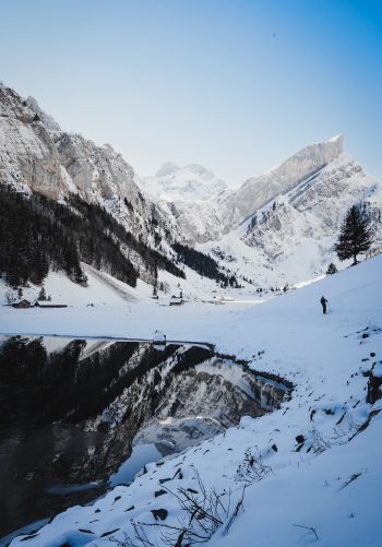 Seealpsee, Schwende, Switzerland, mountains, skis Wallpaper 1668x2388