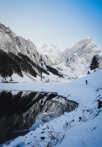 Seealpsee, Schwende, Switzerland, mountains, skis Wallpaper 1640x2360