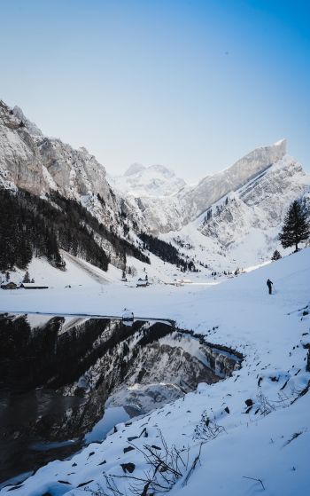 Seealpsee, Schwende, Switzerland, mountains, skis Wallpaper 1752x2800