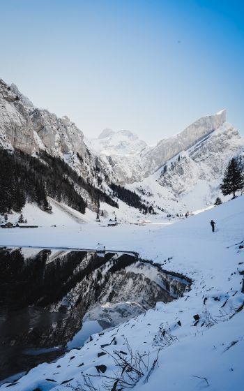 Seealpsee, Schwende, Switzerland, mountains, skis Wallpaper 1600x2560