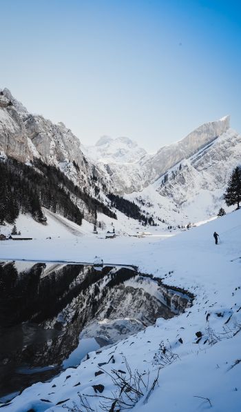Seealpsee, Schwende, Switzerland, mountains, skis Wallpaper 600x1024