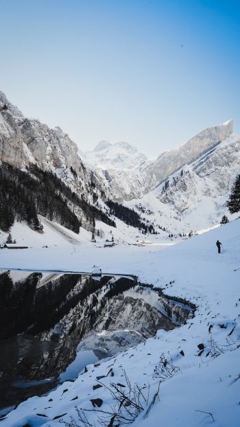 Seealpsee, Schwende, Switzerland, mountains, skis Wallpaper 1440x2560