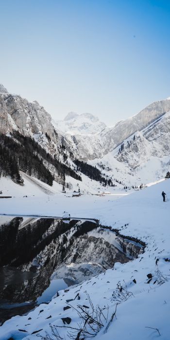Seealpsee, Schwende, Switzerland, mountains, skis Wallpaper 720x1440