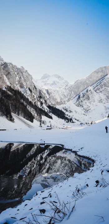 Seealpsee, Schwende, Switzerland, mountains, skis Wallpaper 1440x2960