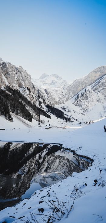 Seealpsee, Schwende, Switzerland, mountains, skis Wallpaper 1440x3040
