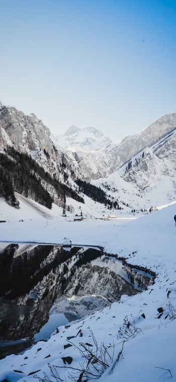 Seealpsee, Schwende, Switzerland, mountains, skis Wallpaper 1170x2532