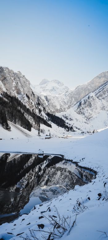 Seealpsee, Schwende, Switzerland, mountains, skis Wallpaper 720x1600