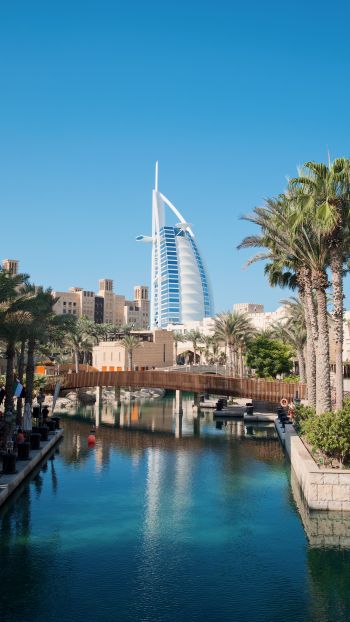 Dubai, Dubai, United Arab Emirates, palm trees, water Wallpaper 2160x3840