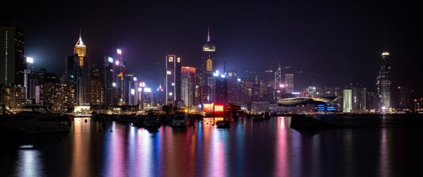 Hong Kong, night city Wallpaper 3440x1440