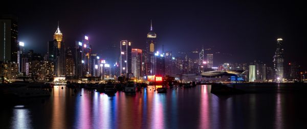 Обои 2560x1080 Гонконг, ночной город