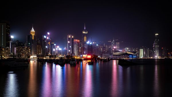 Обои 1366x768 Гонконг, ночной город