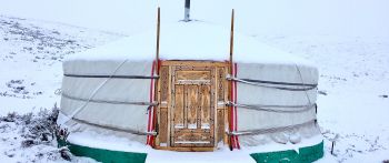 Mongolia, tent, winter Wallpaper 2560x1080