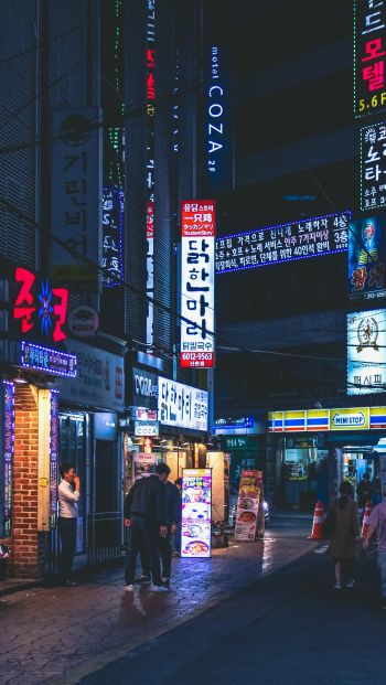 Обои 640x1136 Сеул, Южная Корея, неон, ночной город, городской пейзаж