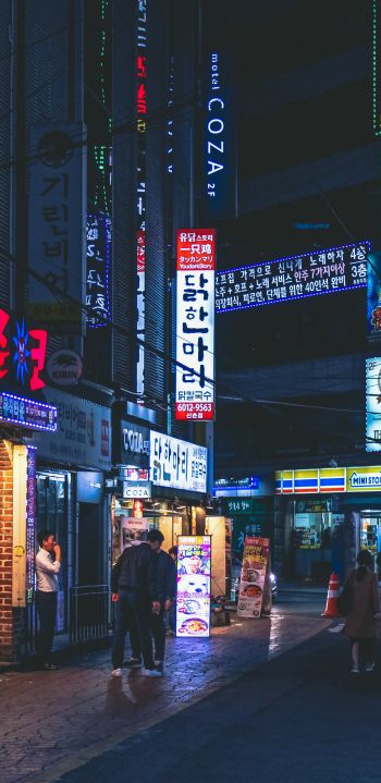 Обои 1440x2960 Сеул, Южная Корея, неон, ночной город, городской пейзаж