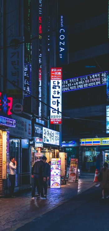 Обои 1440x3040 Сеул, Южная Корея, неон, ночной город, городской пейзаж