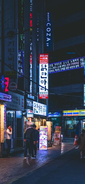 Обои 1284x2778 Сеул, Южная Корея, неон, ночной город, городской пейзаж