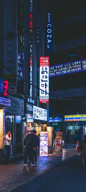 Обои 1440x3200 Сеул, Южная Корея, неон, ночной город, городской пейзаж