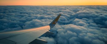 Ramadan, airplane wing, above the clouds Wallpaper 3440x1440