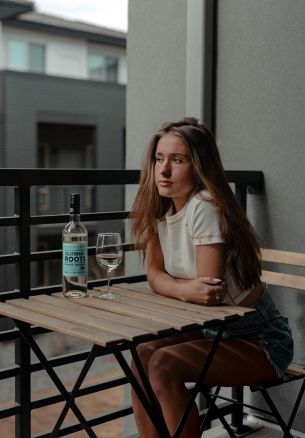 girl, balcony, bottle of wine Wallpaper 1640x2360