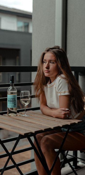 girl, balcony, bottle of wine Wallpaper 1080x2220