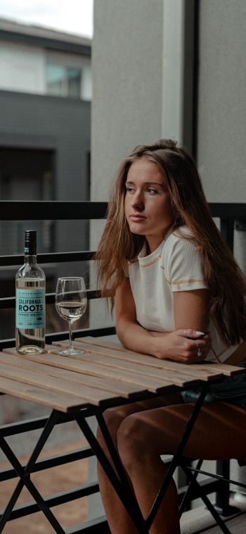 girl, balcony, bottle of wine Wallpaper 1080x2340