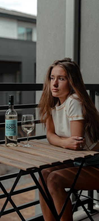 girl, balcony, bottle of wine Wallpaper 1440x3200