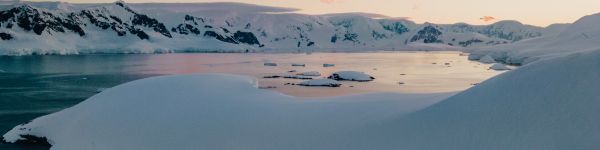 Antarctica, lake, mountain hills Wallpaper 1590x400