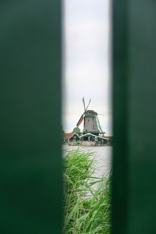 Zaanse Shans, Zandam, The Netherlands, windmill in the distance Wallpaper 3648x5472