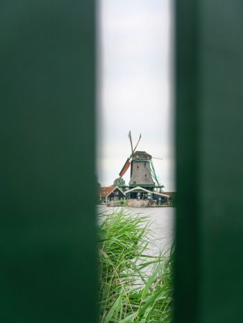 Zaanse Shans, Zandam, The Netherlands, windmill in the distance Wallpaper 1668x2224
