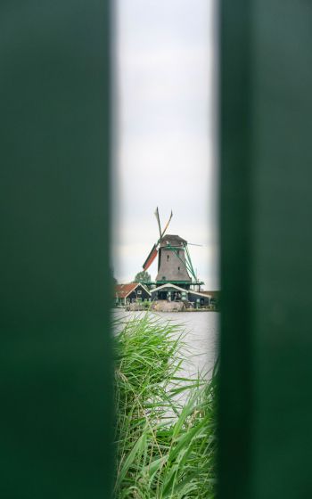 Zaanse Shans, Zandam, The Netherlands, windmill in the distance Wallpaper 800x1280