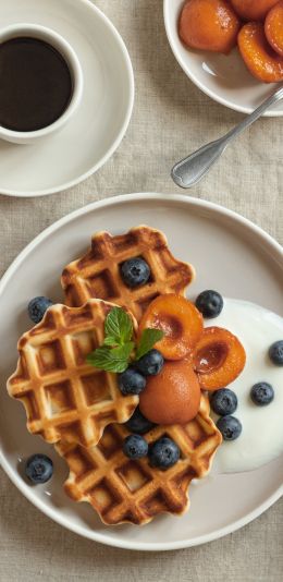 coffee, breakfast, waffles Wallpaper 1440x2960